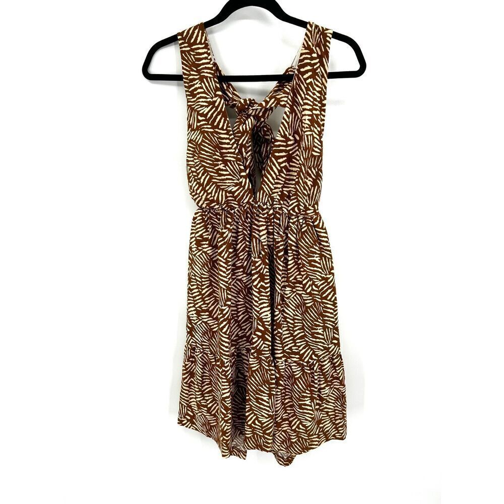 HOUSE OF HARLOW 1960 Brown Animal Print Linen Tiered Open Back Tie Mini Dress XS